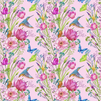 MINI KINGFISHERS AND BUTTERFLIES (KINGFISHERS IN THE MEADOW) / pink - single jersey with elastane