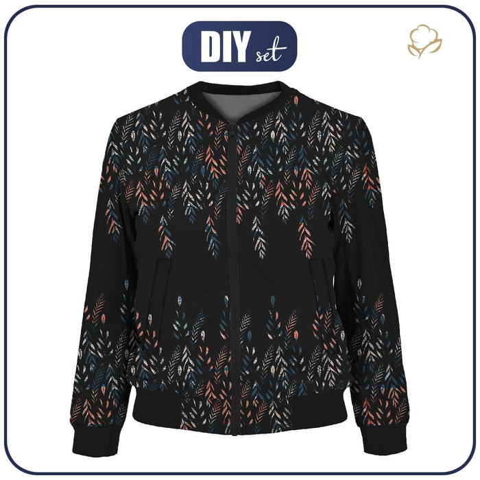 WOMEN’S BOMBER JACKET (KAMA) - LEAVES PAT. 3 / BLACK - sewing set XL