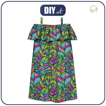 Bardot neckline dress (LILI) - NEON LEAVES - sewing set - 110-116