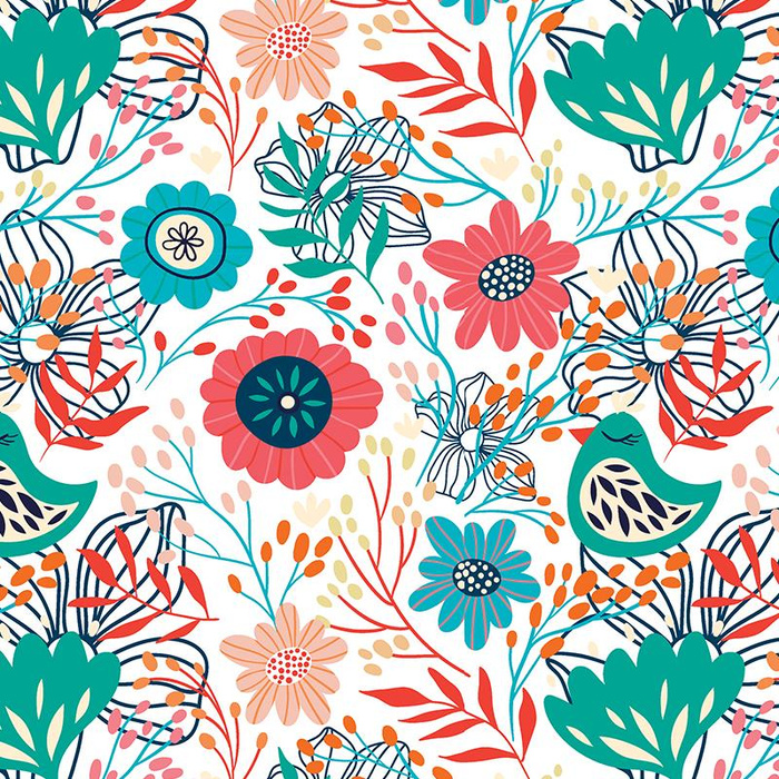 FOLK BIRDS / white - Cotton woven fabric