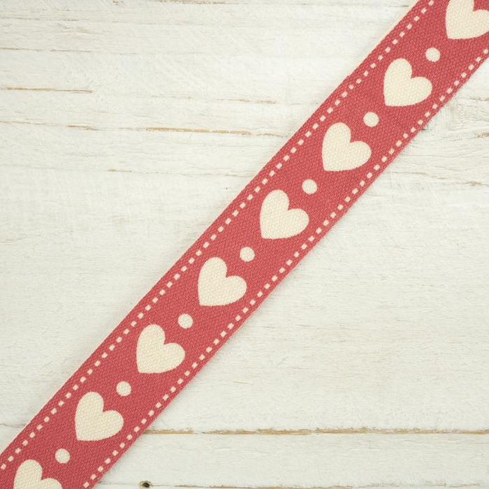 Cotton tape 15mm - heart / raspberry