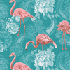 FLAMINGOS AND ROSES / sea blue - Viscose jersey