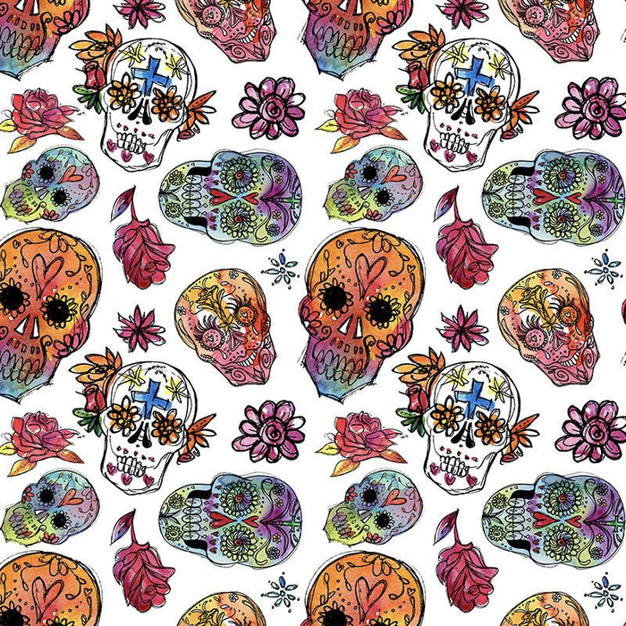 TOTENKÖPFE Ms. 3 / weiß (DIA DE LOS MUERTOS) - HOME DECOR PREMIUM Webware