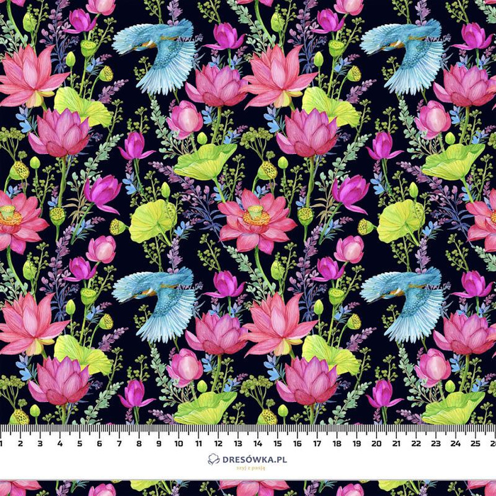MINI KINGFISHERS AND POPPIES (KINGFISHERS IN THE MEADOW) / black - Waterproof woven fabric