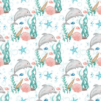 DOLPHINS pat. 2 (MAGICAL OCEAN) / white - Cotton woven fabric