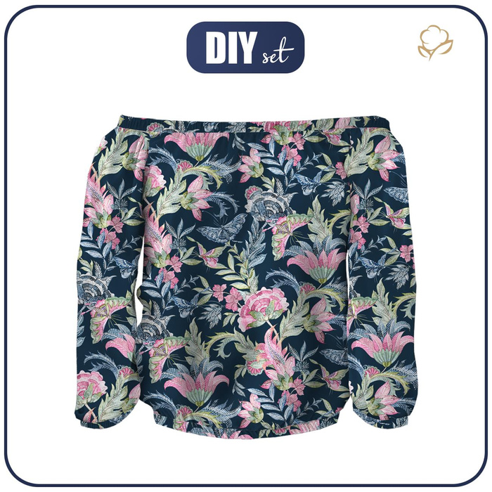 Carmenausschnitt Bluse (SOFIA) - BLUMEN UND SCHMETTERLINGE / navy - Nähset L