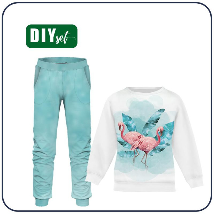 Children's tracksuit (MILAN) - FLAMINGOS pat. 2 / white - looped knit fabric (122/128)