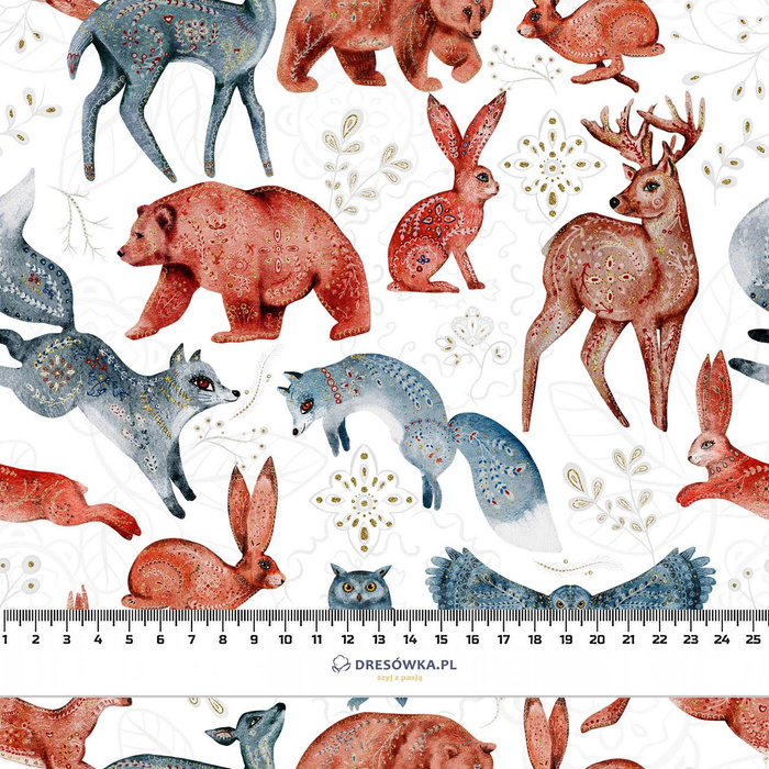 FOLK ANIMALS pat. 1 / white (FOLK FOREST) - Cotton woven fabric