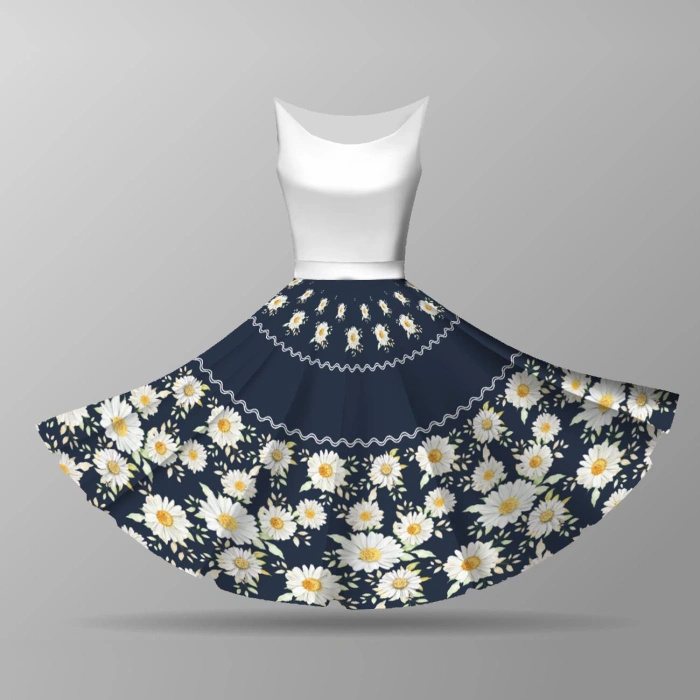 Big circle skirt panel - CREPE - DAISIES PAT. 2 / dark blue