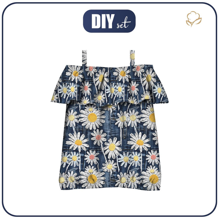 Carmenausschnitt Bluse (SARA) - DAISIES DENIM IMITATION WZ. 1 - Nähset -110-116