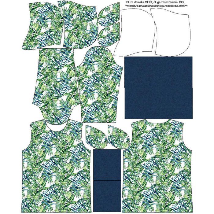 BLUZA DAMSKA (MEGI) - DŁUGA Z KAPTUREM - MINI LIŚCIE I OWADY WZ. 6 (TROPIKALNA NATURA) / biały - dzianina pętelkowa XXXL