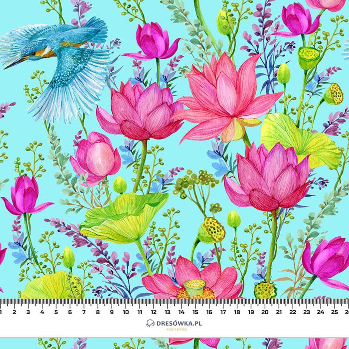 KINGFISHERS AND POPPIES (KINGFISHERS IN THE MEADOW) / aqua - Slub Weave