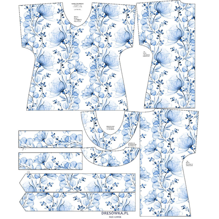 BLUZKA TYPU KIMONO - KWIATY wz. 4 (classic blue) - zestaw do uszycia XXL-XXXL