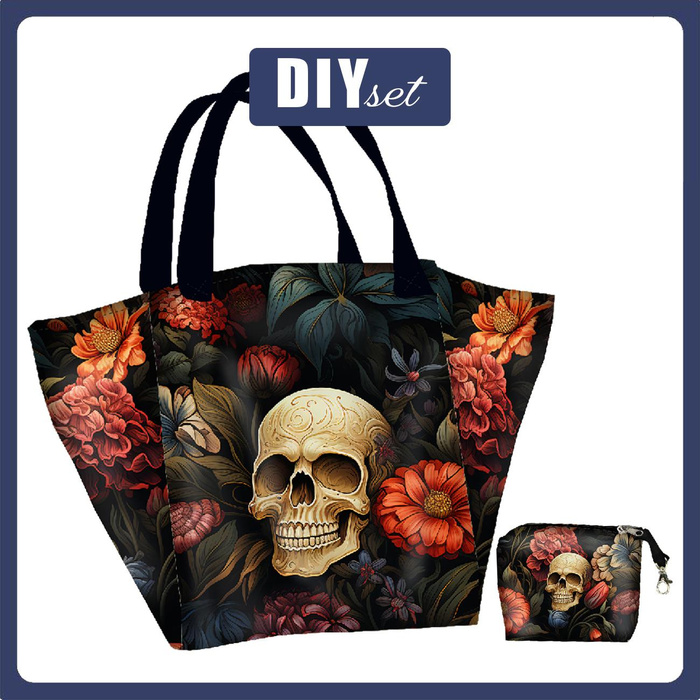 Torba XL z saszetką 2 w 1 - FLOWERS AND SKULL - zestaw do uszycia