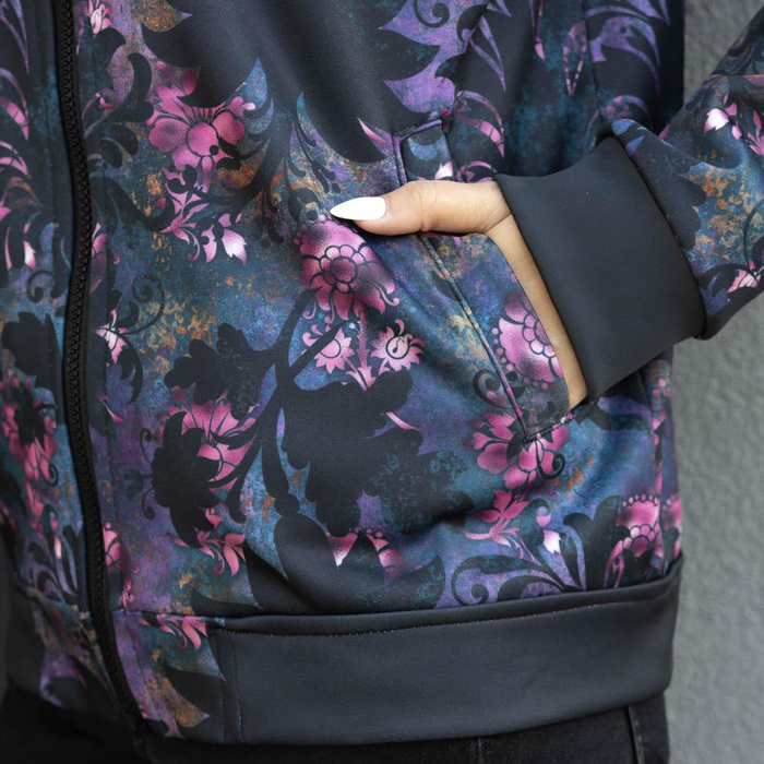 WOMEN’S BOMBER JACKET (KAMA) - WATER-COLOR FLOWERS pat. 2 / black - sewing set XS