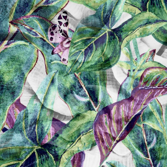 LEAVES AND INSECTS PAT. 1 (TROPICAL NATURE) / white - Cotton muslin