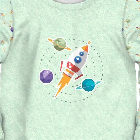 CHILDREN'S PAJAMAS " MIKI" - ROCKET AND PLANETS (SPACE EXPEDITION) / ACID WASH MINT - Elastic cotton knit fabric (122/128)