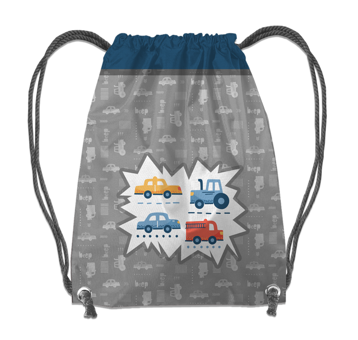 GYM BAG - VEHICLES pat. 2 / white (ADVENTURE BEGINS) - sewing set