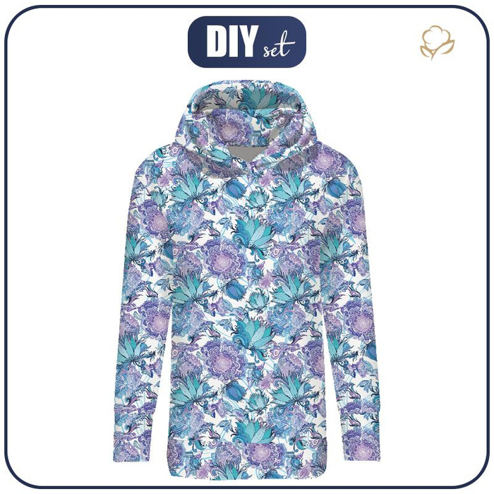LONG WOMEN’S HOODIE - FROZEN GARDEN - looped knit fabric - XXXL