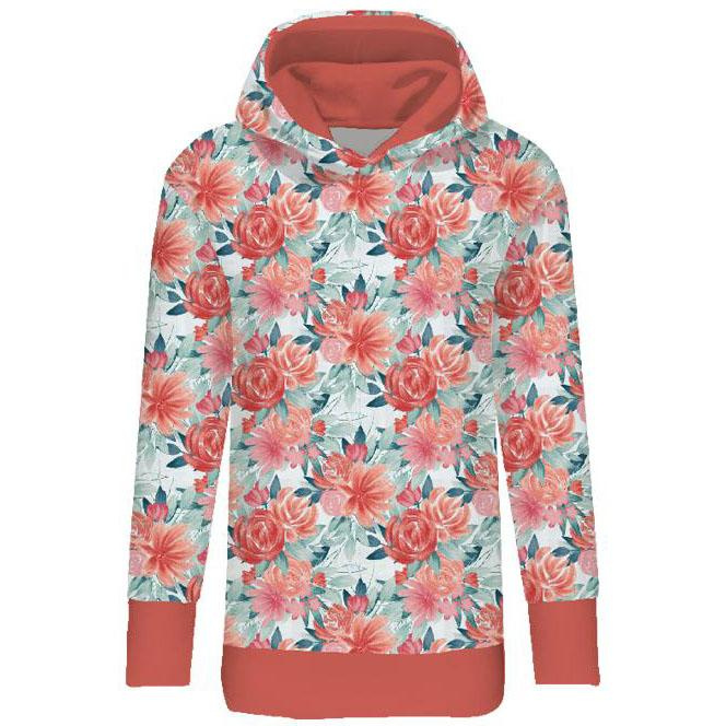 LONG WOMEN’S HOODIE (MEGI) - ROSES AND PEONIES pat. 2 - looped knit fabric