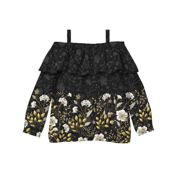 Carmenausschnitt Bluse (VIKI) - BLUMEN (Motiv 8) / schwarz - Nähset - 146-152