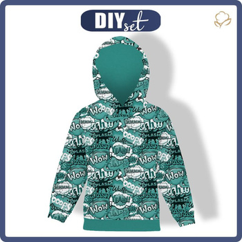 DĚTSKÁ MIKINA S KAPUCÍ  (ALEX) - KOMIKS (mentolový) - Sada šití