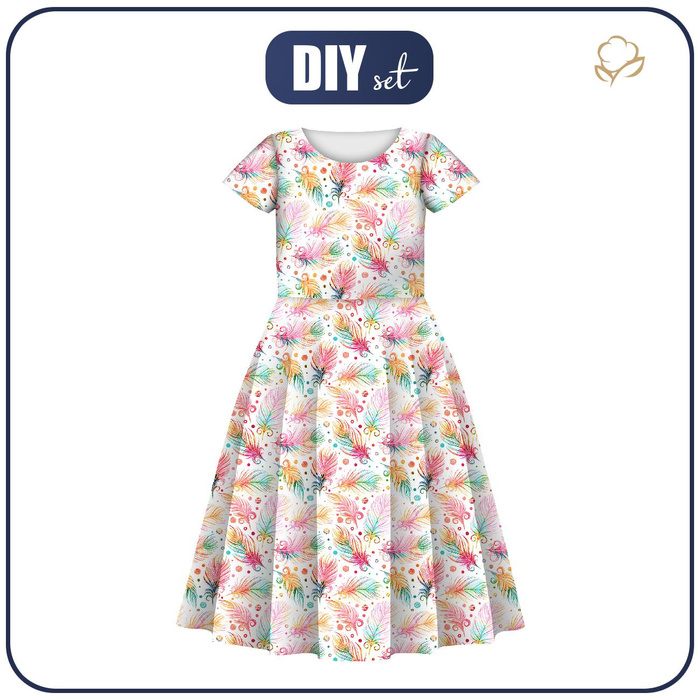 KID'S DRESS "MIA" - RAINBOW FEATHERS - sewing set (110/116)