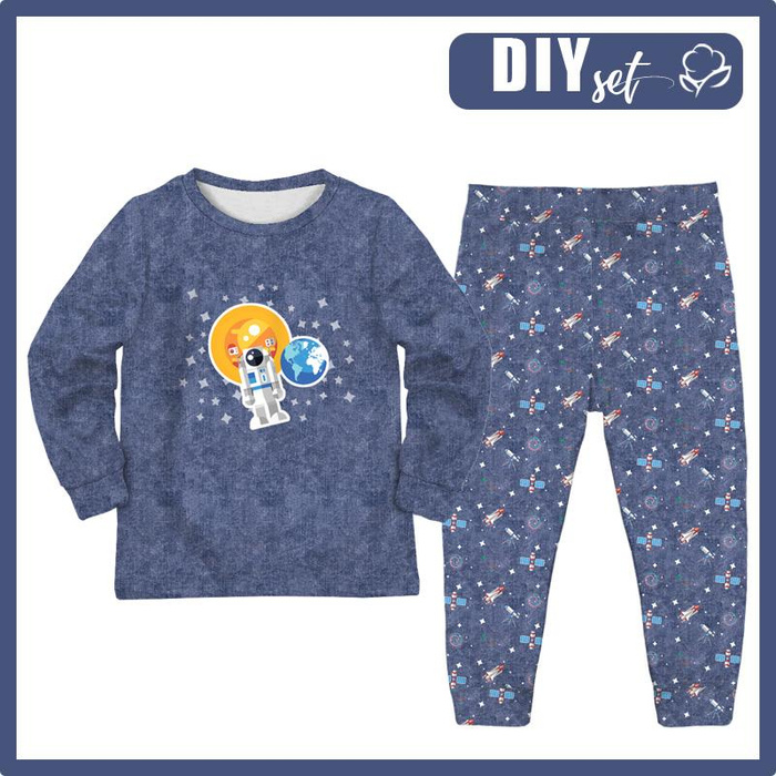 CHILDREN'S PAJAMAS " MIKI" - ASTRONAUT (SPACE EXPEDITION) / ACID WASH DARK BLUE - Elastic cotton knit fabric (110/116)