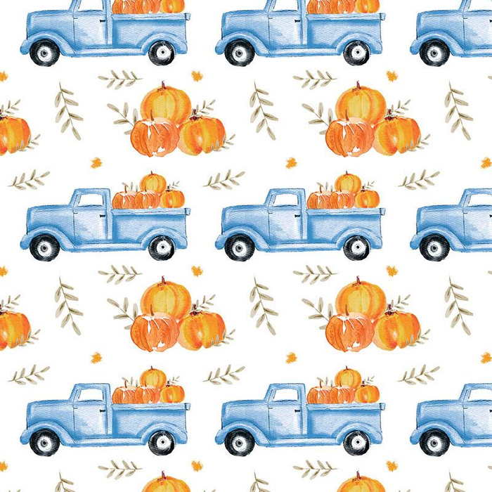 PUMPKINS ON THE PICKUP / LEAVES (PUMPKIN GARDEN) - Cotton woven fabric