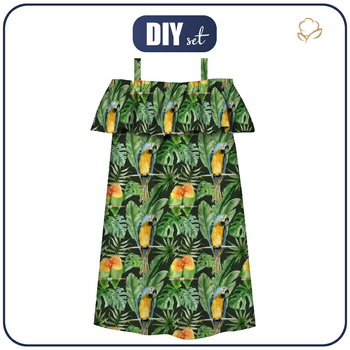 Bardot neckline dress (LILI) - PARROTS pat. 2 / black (JUNGLE) - sewing set - 110-116