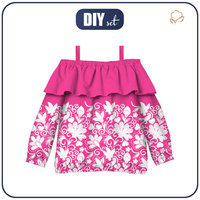 Bardot neckline blouse (VIKI) - FLOWERS (pattern no. 2 white) / fuchsie - sewing set - 134-140
