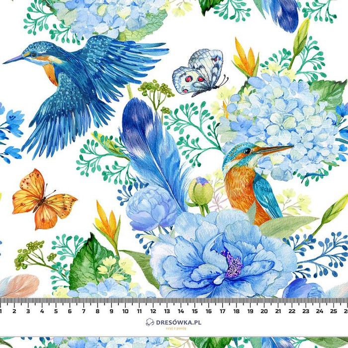 KINGFISHERS AND LILACS (KINGFISHERS IN THE MEADOW) / white- Upholstery velour 