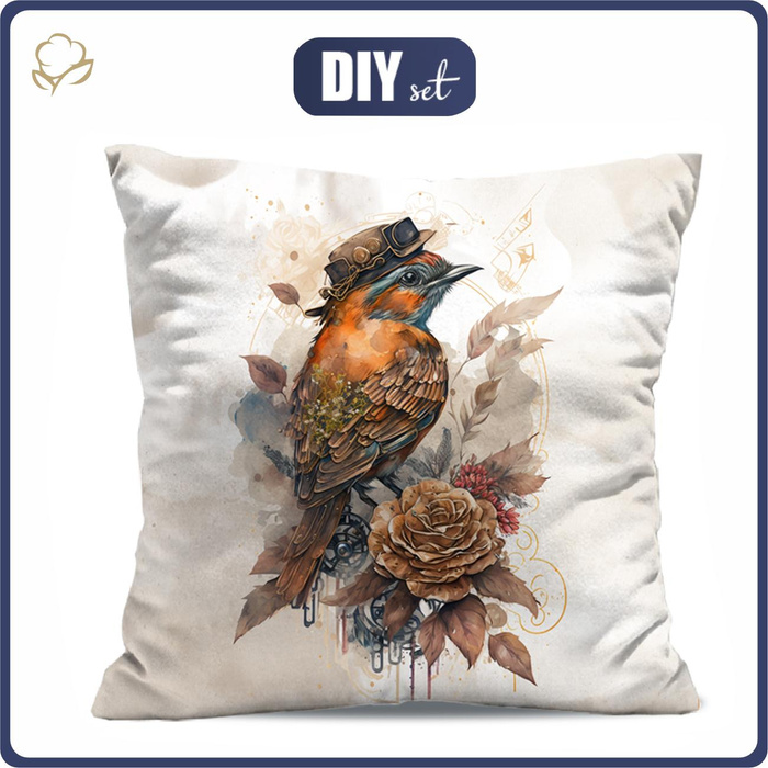 POLŠTÁŘ 45x45 - STEAMPUNK BIRD - Potahový velur - Sada šití