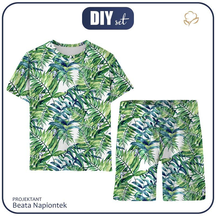 CHILDREN'S PAJAMAS "ADA" - MINI LEAVES AND INSECTS PAT. 6 (TROPICAL NATURE) / white - Bamboo Single Jersey with elastan (122/128)