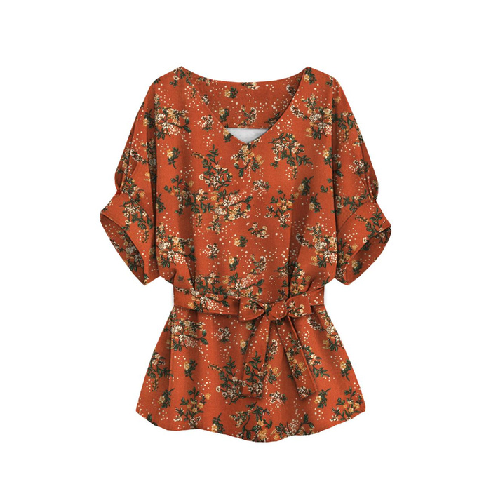 KIMONO BLOUSE - MINI FLOWER BOUQUET / brick - sewing set