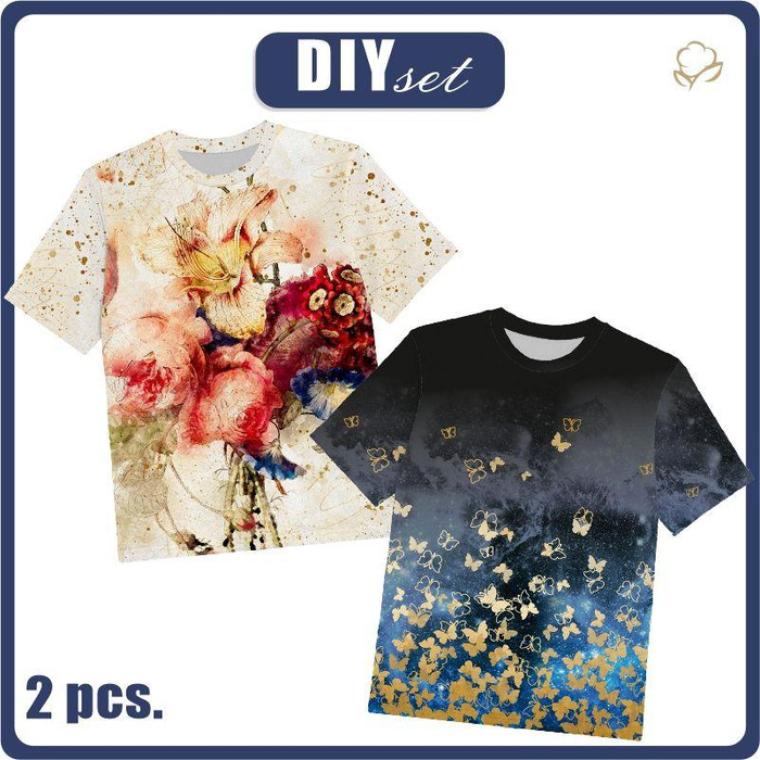 2-PACK - KID’S T-SHIRT - BUTTERFLIES / WATERCOLOR FLOWERS pat. 5 - sewing set