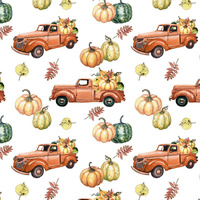 PUMPKINS ON THE PICKUP (leaves) pat. 2 / white (PUMPKIN GARDEN) - Cotton woven fabric