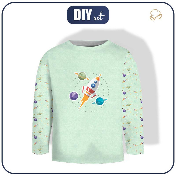 LONGSLEEVE - RAKETE UND PLANETEN (WELTRAUMEXPEDITION) / ACID WASH MINZE - Single Jersey (122/128)
