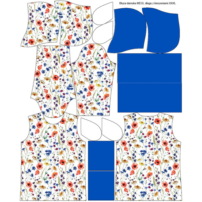 BLUZA DAMSKA (MEGI) - DŁUGA Z KAPTUREM - POLNE KWIATY - dzianina pętelkowa XXXL