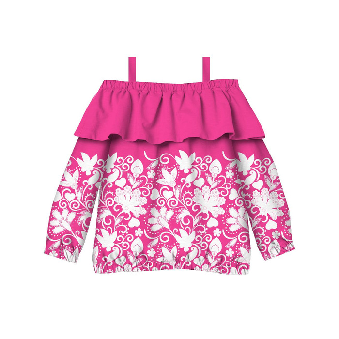 Carmenausschnitt Bluse (VIKI) - BLUMEN (Motiv 2 weiß) / fuchsia - Nähset 