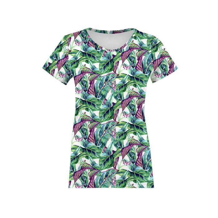 WOMEN’S T-SHIRT - MINI LEAVES AND INSECTS PAT. 1 (TROPICAL NATURE) / white - single jersey S