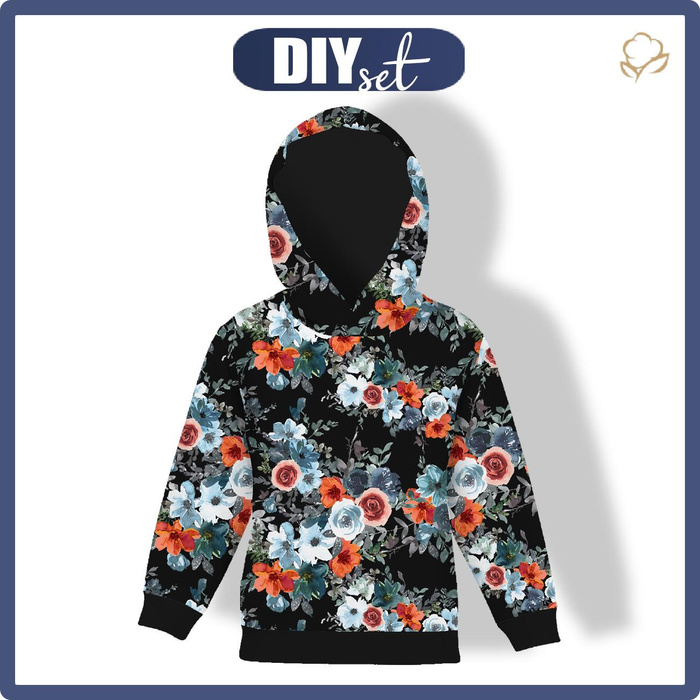 KID'S HOODIE (ALEX) - WATER-COLOR FLOWERS pat. 2 / black - sewing set (146/152)