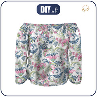 Bardot neckline blouse (SOFIA) - FLOWERS AND BUTTERFLIES / white - sewing set XXL