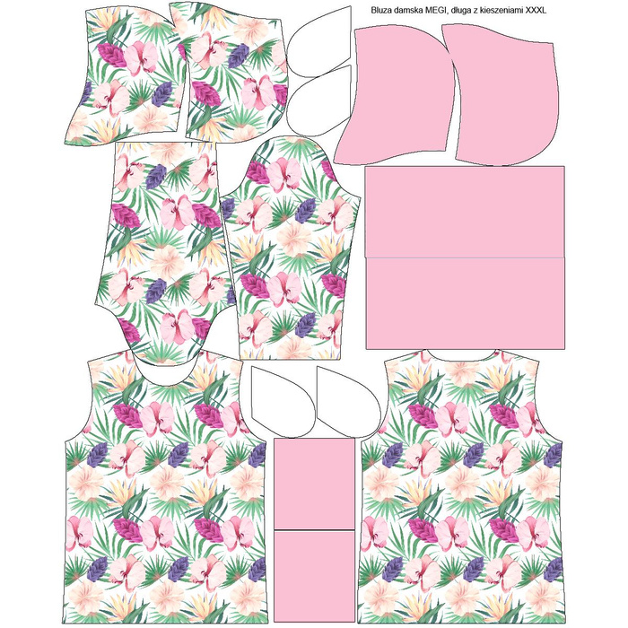 BLUZA DAMSKA (MEGI) - DŁUGA Z KAPTUREM - EGZOTYCZNE ROŚLINY -  dzianina pętelkowa  XL