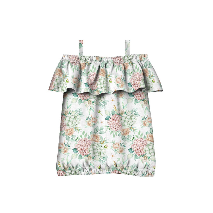 Carmenausschnitt Bluse (SARA) - Hortensien / weiß - Nähset