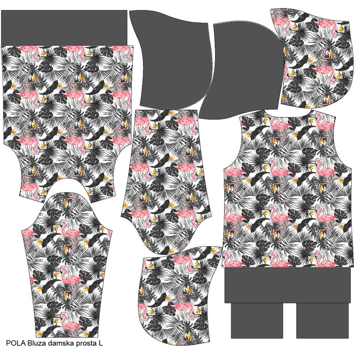 BLUZA DAMSKA (POLA) CLASSIC Z KAPTUREM - FLAMINGI W LIŚCIACH -  dzianina pętelkowa XXXL