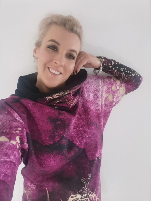 BLUZA DAMSKA (FURIA) NIETOPERZ Z KOMINEM - NIEBIESKIE LIŚCIE (VINTAGE) -  dzianina pętelkowa  L