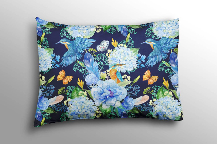 EISVÖGEL UND FLIEDER (EISVÖGEL AUF DER WIESE) / navy- Polster- Velours