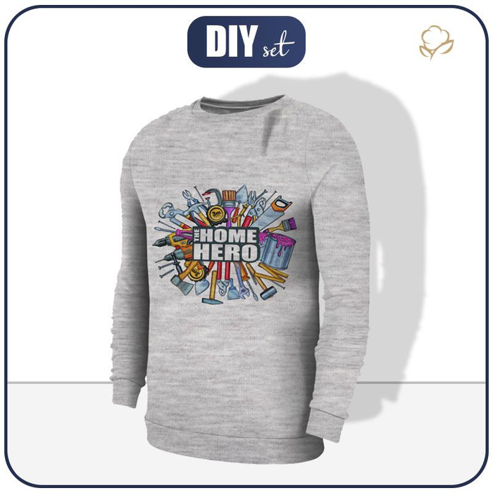 MEN’S SWEATSHIRT -THE HOME HERO / melange light grey - Elastic brushed knit fabric L
