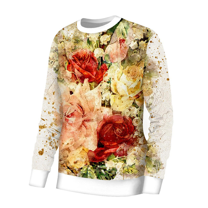 WOMEN'S SWEATSHIRT (HANA) BASIC - WATERCOLORS FLOWERS Pat. 7 - looped knit fabric - XXXL